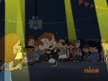 a cartoon of a girl standing in front of a group of kids with nick written on the bottom