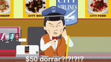 a cartoon of a man talking on a phone with a sign that says city airlines in the background