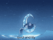 a drawing of a crescent moon with the words " ryvur and lily " on the bottom