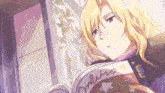a blonde anime character is reading a magazine called miss