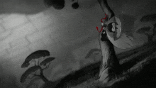 a black and white drawing of a person standing next to a tree with the number 8 on it