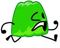 a green jelly with arms and legs is laying down on a white background