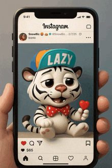 a person is holding a cell phone with a picture of a cartoon tiger on the instagram page