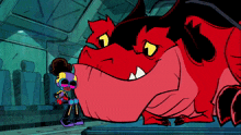 a cartoon character standing next to a large red dragon