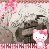 a drawing of a girl holding an accordion next to a hello kitty cat