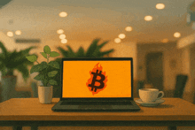 a laptop with a burning bitcoin symbol on it