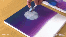 a person is painting a purple and white circle on a canvas made in animatica
