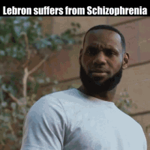 a man with a beard is standing in front of a wall with the caption lebron suffers from schizophrenia