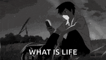 a black and white drawing of a man sitting on the ground looking at his cell phone .