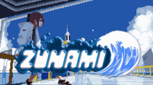 a pixel art illustration of a girl walking in front of a tsunami