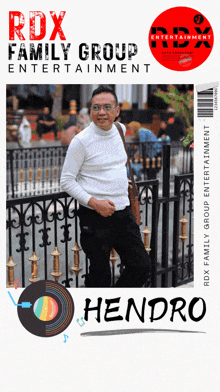 an ad for rdx family group entertainment shows a man