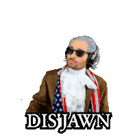 a man wearing sunglasses and headphones is pointing up and the word disjawn is below him