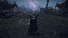 a video game screen shows a purple lightning storm