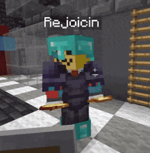 a minecraft character named rejoicin is holding a pizza