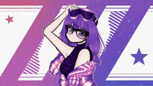 a girl with purple hair and glasses is standing in front of a purple and white background .