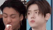 a close up of a person eating a marshmallow and a close up of a person making a face .