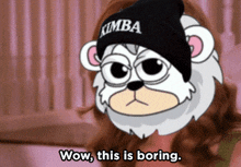 a cartoon bear wearing a beanie that says kimba on it