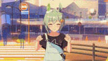 a girl with green hair and overalls is smiling in front of a sign that says ' a ' on it