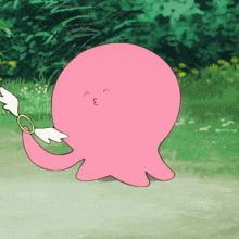 a pink octopus with a white wing and a ring on its neck