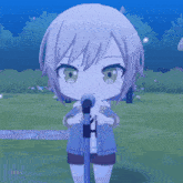 a cartoon character is singing into a microphone in a park