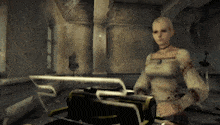 a woman in a video game is standing in front of a machine that says ' nintendo ' on it .