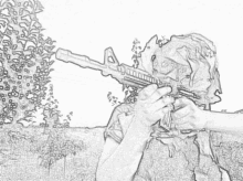 a black and white drawing of a man with a gun