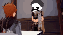 a cartoon character with a mustache is talking to another character with a scarf around his neck