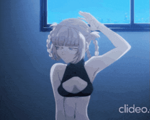 a girl in a black bra is standing in front of a window and the word cleido is on the bottom right