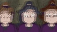three cartoon characters are standing next to each other with e tele written on the bottom right
