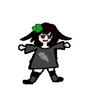 a cartoon girl with brown hair and a green flower in her hair is wearing a gray shirt and black knee high socks .