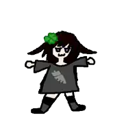 a cartoon girl with brown hair and a green flower in her hair is wearing a gray shirt and black knee high socks .
