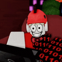 a cartoon character is wearing headphones and a red hat while sitting on a couch .