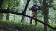 a man in a red and blue costume is standing in the woods
