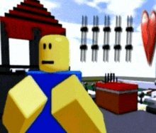 a roblox character with a sad face is standing in front of a building .