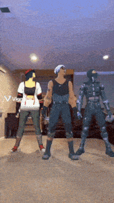 a group of cartoon characters are standing in a living room with a couch behind them