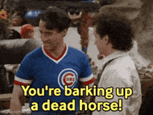 two men are standing next to each other and one of them is wearing a chicago cubs shirt .