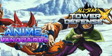 a poster for all star tower defense anime vanguards shows goku and broly fighting each other