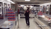 a woman is walking through a grocery store with failarmy written on the bottom of the screen