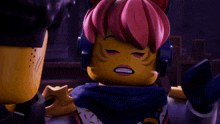 a lego character with pink hair and headphones on