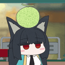 a cartoon cat with a melon on her head