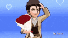 a man in a suit is holding a bouquet of red roses in front of a blue background