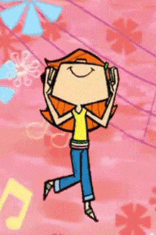 a cartoon girl is jumping in the air with her arms up