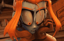 a close up of a cartoon character with orange hair