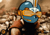 a cartoon of a man wearing a helmet and sunglasses with the word core in the background