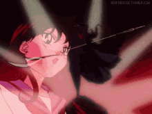 a girl with glasses is holding a sword in her mouth and looking up .