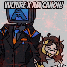 a cartoon of a man in a suit and tie standing next to a girl with the words vulture exam canon written above them .