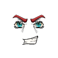 a cartoon face with blue eyes and red eyebrows making an angry face