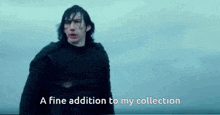a man with blood on his face is standing in front of a sign that says " a fine addition to my collection "