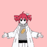 a drawing of a girl with red hair and a bread sticker on her sweatshirt