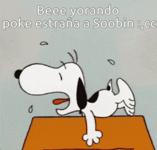 a cartoon of snoopy with the words beee yorando poke estrana a soobin on the bottom